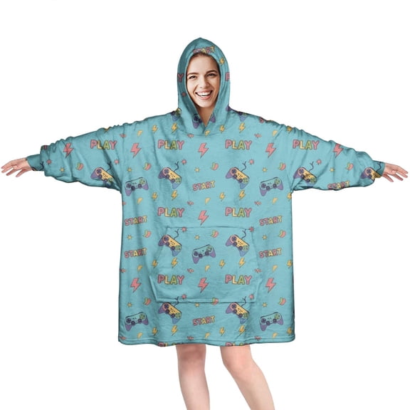 Wearable Oversized Blanket,Colorful Games Controller Blue Pattern Wearable Blanket Hoodie for Adults,Cozy Hooded Blankets with Super Pockets,Super Warm Fuzzy Pullover for Women & Men