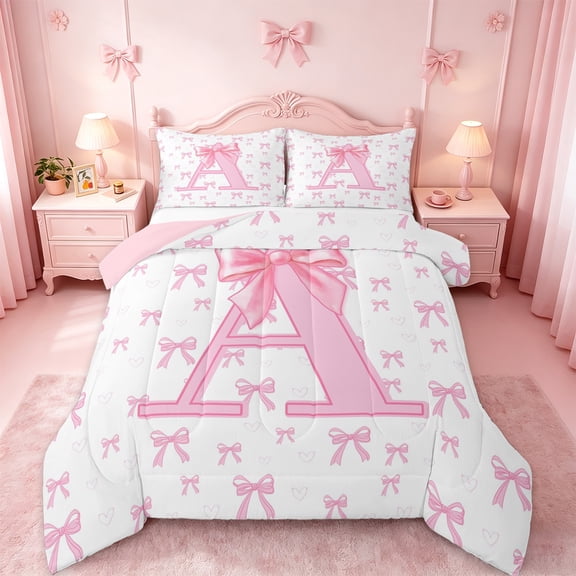 jejeloiu Letter A Monogrammed Bedding Comforter Set,Kawaii Cute Bowtie Twin Comforter Sets,Pink Bowknot Ribbon Bedding Set For Girls,Microfiber Room Decorative Reversible,2pcs