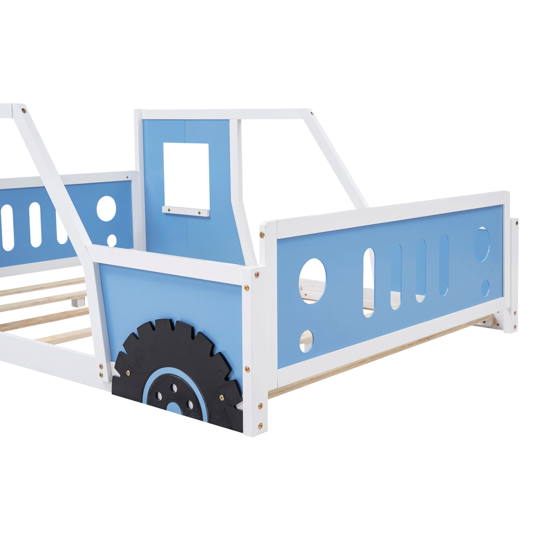 Noble House Full Classic Car-Shaped Platform Bed, Playful Pine Wood Frame with Doors and Wheels, Blue