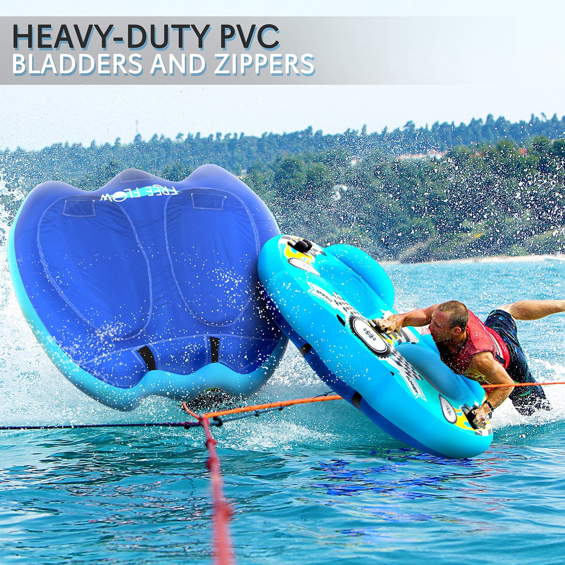 Watersports Inflatable Towable Booster Tube - Two Person Water Boating Float Tow Raft, Inflatable Pull Boats/Tubes/Towables w/Dual Seats, PVC Bladder, Foam Pad, Nylon Handles
