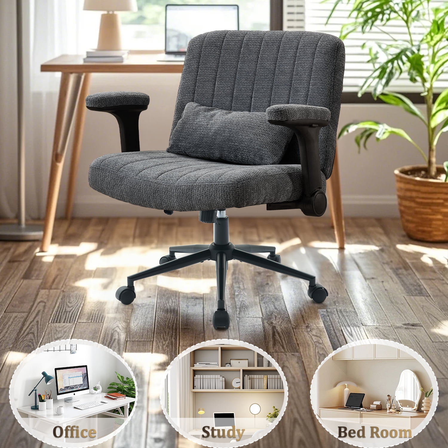 IPKIG Ergonomic Office Chair with Wheels and Flip-Up Arms, Wide Seat Swivel Desk Chair for Home Office, Computer, Vanity, Chenille Dark Gray