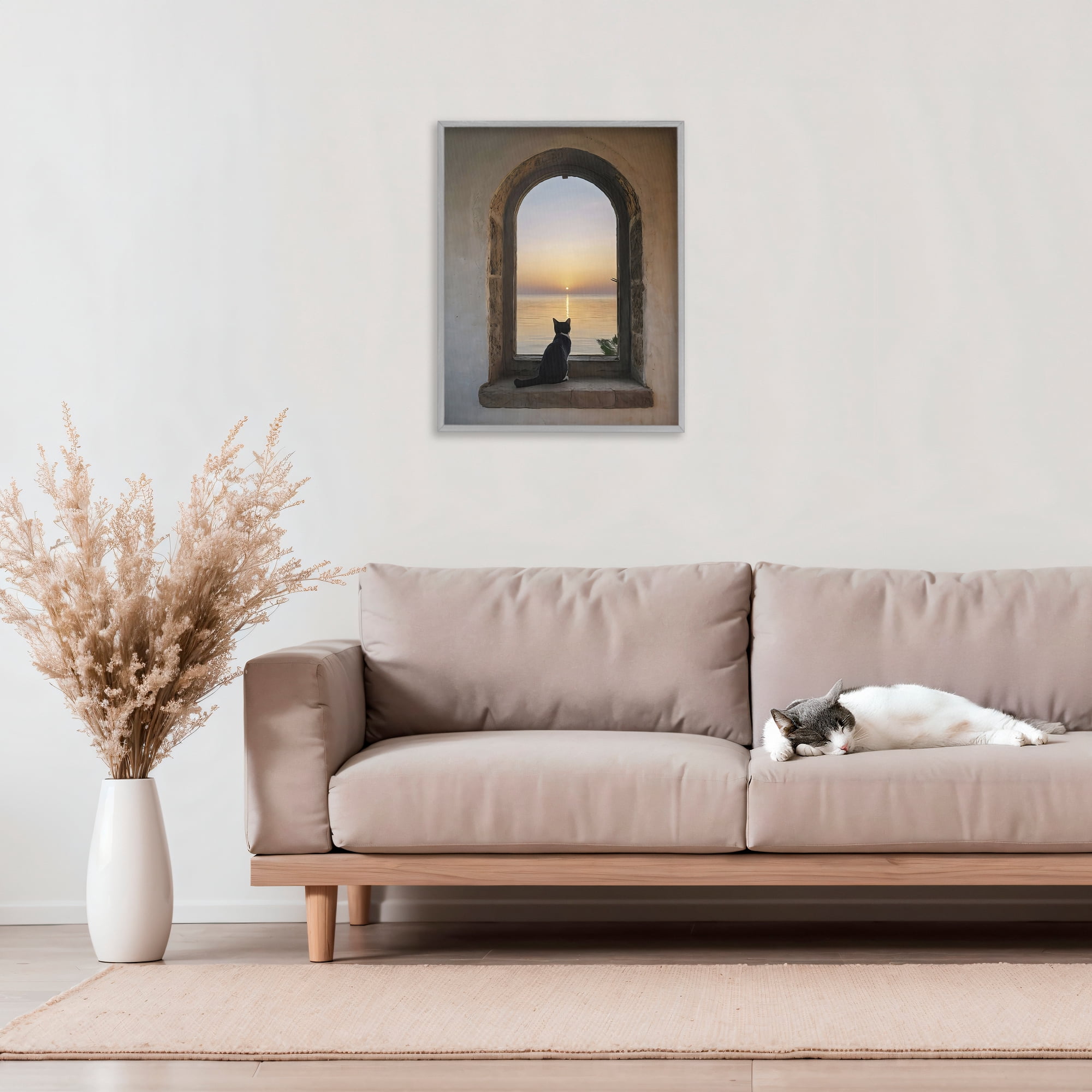 Stupell Industries Cat Overlooking Water at Sunset Gray Framed Giclee Art, design by Creative Studio