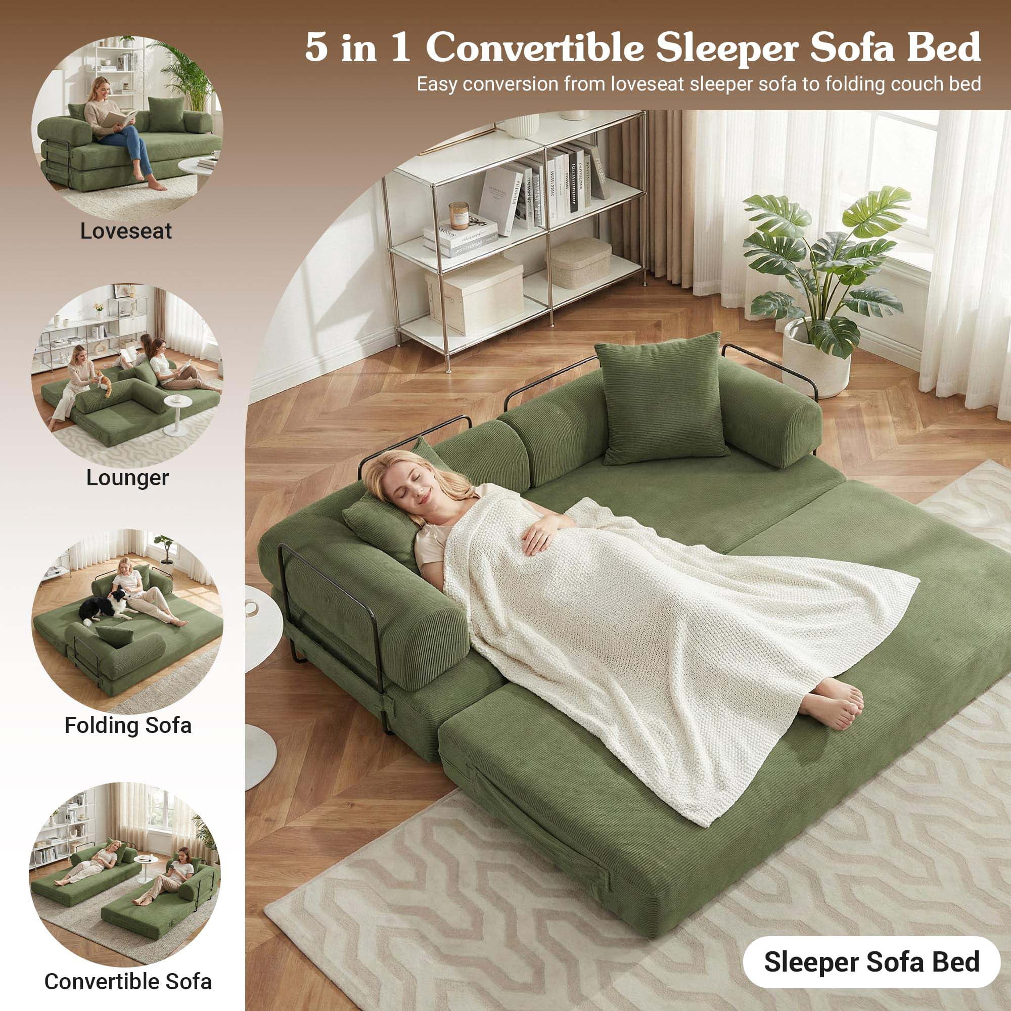 CAPCAEK 78.5" Convertible Sofa Bed, Corduroy Foldable Sleeper Loveseat with Memory Foam and 2 Pillows, Green