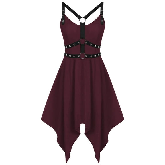 WXLWZYWL Summer Dress Women'S Gothic Punk Dress Strap Style Sleeveless off Shoulder Mid Length Dress Red