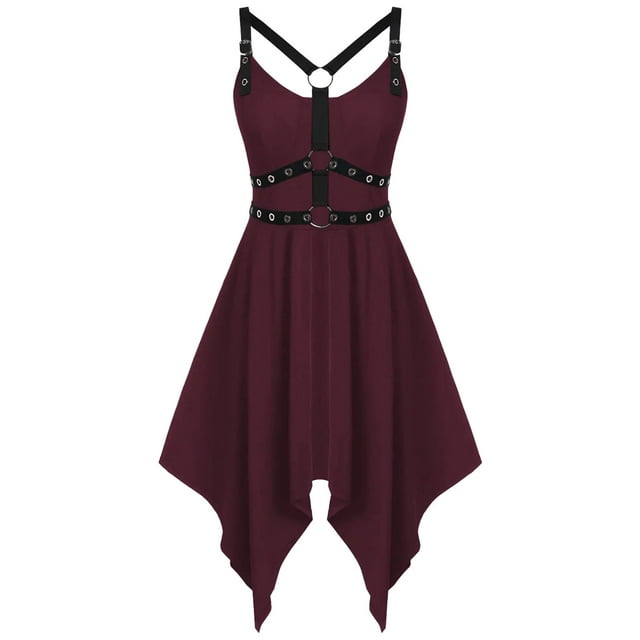 LSLJS Robe Punk Gothique pour Femme Style à Bretelles Sans Manches Épaules Dégagées Robe Mi-Longue, Robe Gothique