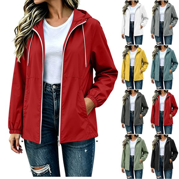 Travel Jacket for Women with Pockets Windbreaker Solid Color Mid Length and Winter Fashion Hooded Drawstring Sports Waterproof Raincoat Windbreaker Long Sleeve Jacket