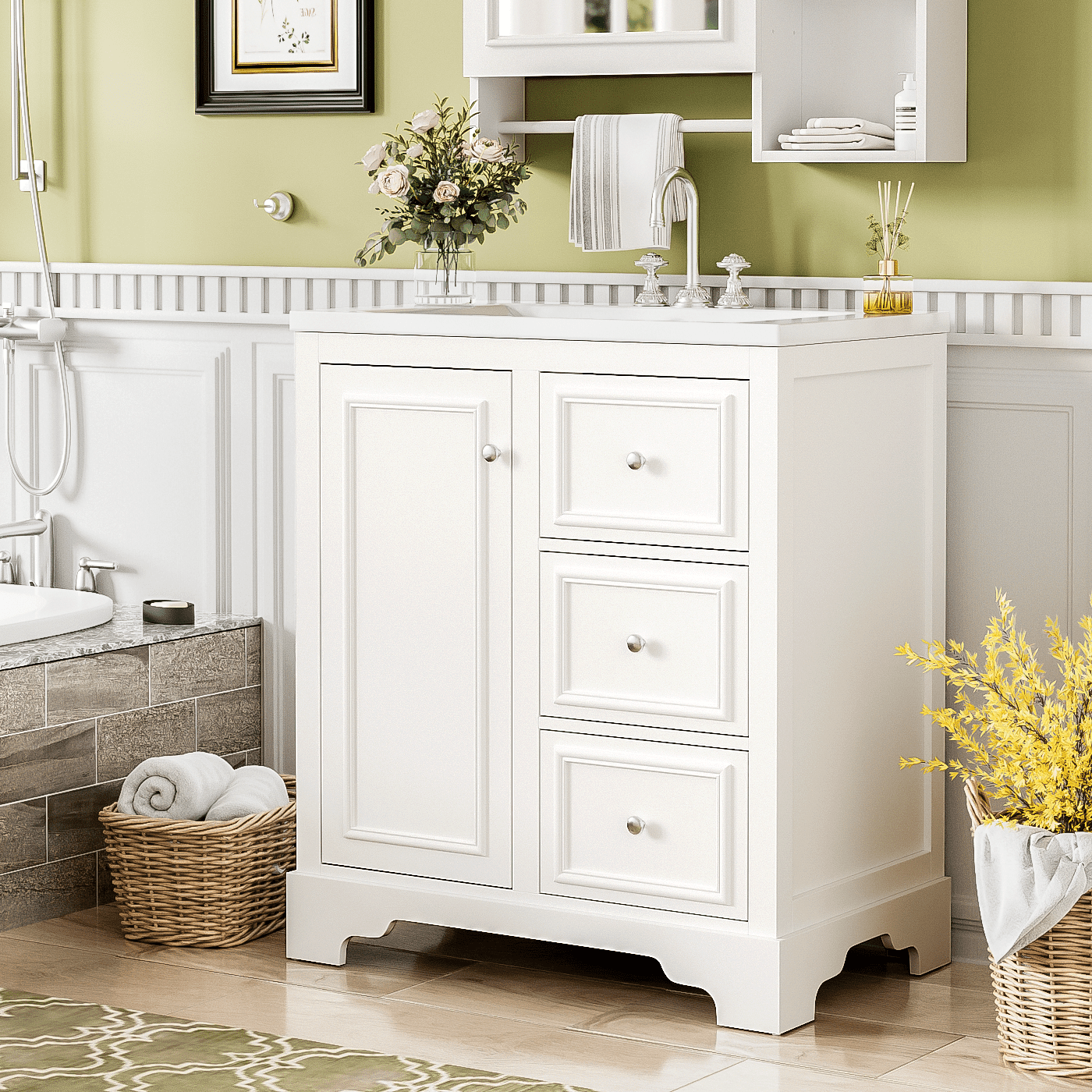 Euroco 30-Inch Bathroom Vanity with Ceramic Sink, 3 Soft-Close Drawers, Adjustable Shelf, Overflow Drain, Solid Wood Frame