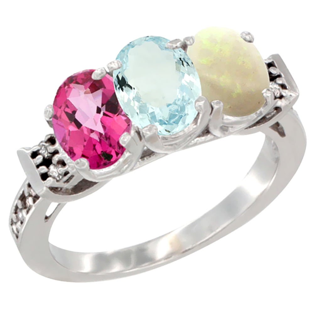 10K White Gold Natural Pink Topaz, Aquamarine & Opal Ring 3-Stone Oval 7x5 mm Diamond Accent, sizes 5 10 by WorldJewels
