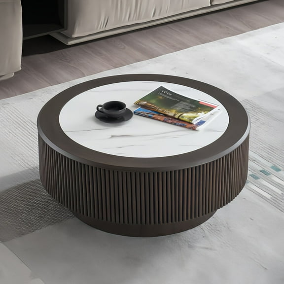 Kevinplus 31.5" Modern Round Marble Pattern Coffee Table with Sturdy Pedestal for Living Room, Dark Brown