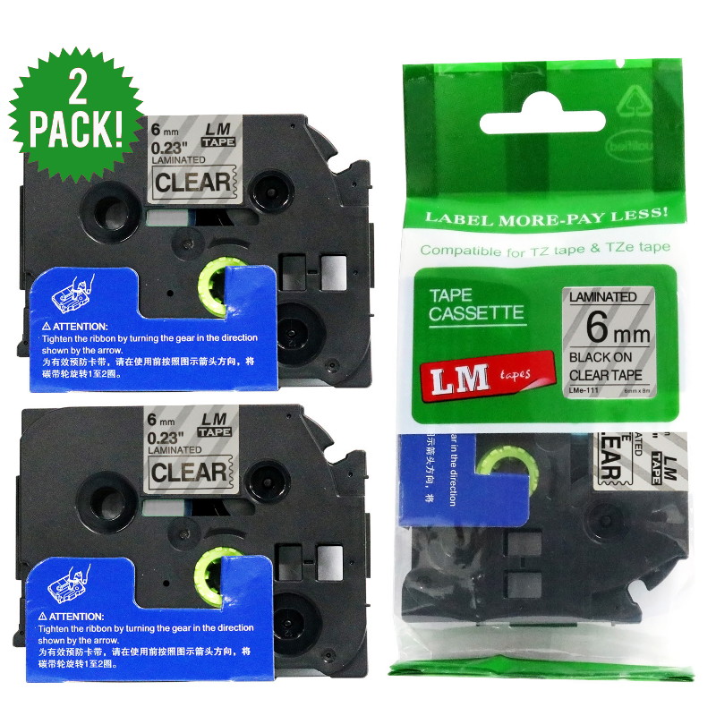 2/Pack Premium Compatible with TZe111 Black on Clear 1/4 ptouch