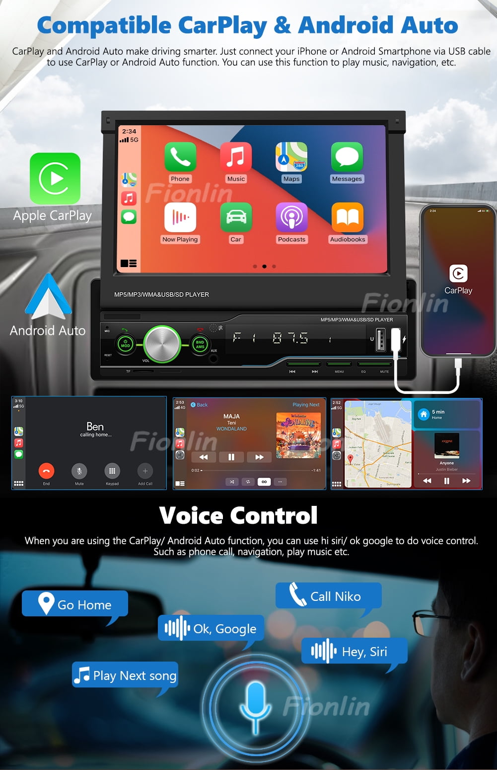 Buy Android Auto Single Din Car Stereo Bluetooth Car Radio Carplay GPS