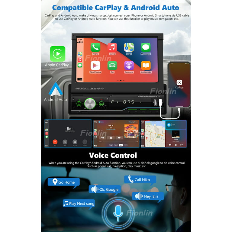 Android Single Din Car Stereo Bluetooth Car Radio Carplay GPS Navigation in Dash 7 Inch LCD Touch Screen MP5 Player Mirror Link AM RDS FM Radio Receiver EQ USB