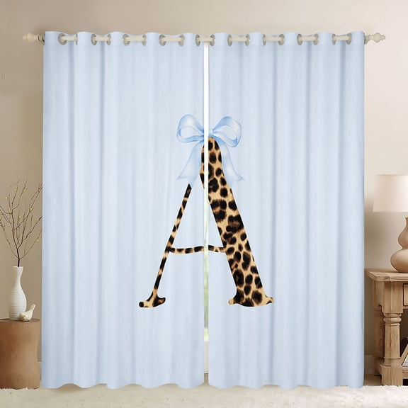 Manfei Leopard Print Personalized Initial A Black Out Curtains for Girls,Kawaii Blue Bow Curtains Pack of 2 (42x63 Each) for Kids Teens,Lightweight Room Decor