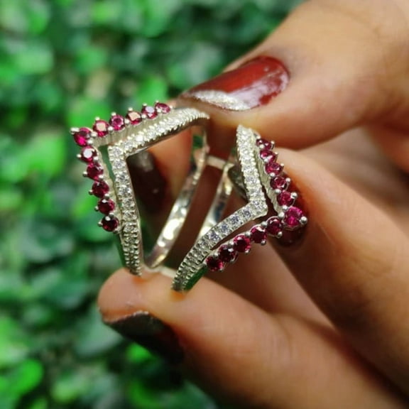 Pink Ruby and White Diamond Ring Guard-925 Sterling Silver- July Birthstone- Wedding Engagement Ring Enhance Wrap- Fine Jewelry
