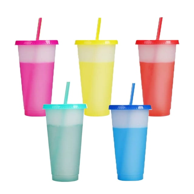 5pcs710ml color-changing water cup set with lid and straw, reusable plastic cold drink cup, coffee cup, five-color set