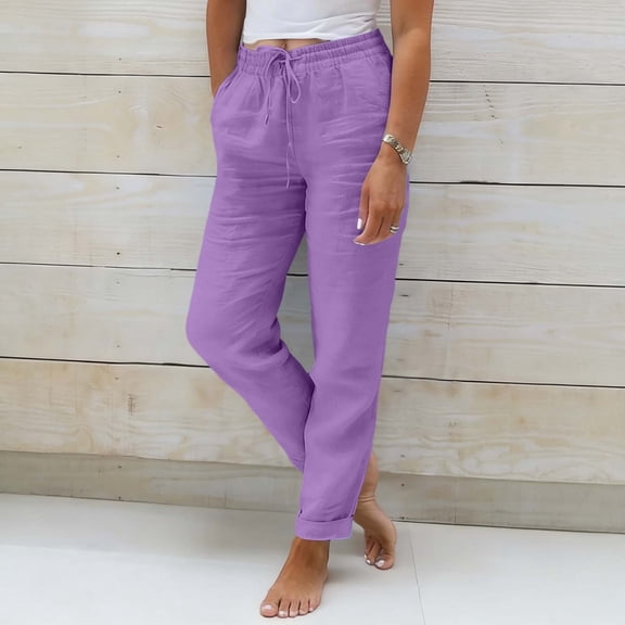 Conairie Linen Trousers for Women's Lightweight Summer Tapered Pants Drawstring Elastic Waist Pants Casual Trousers with Pockets Purple S