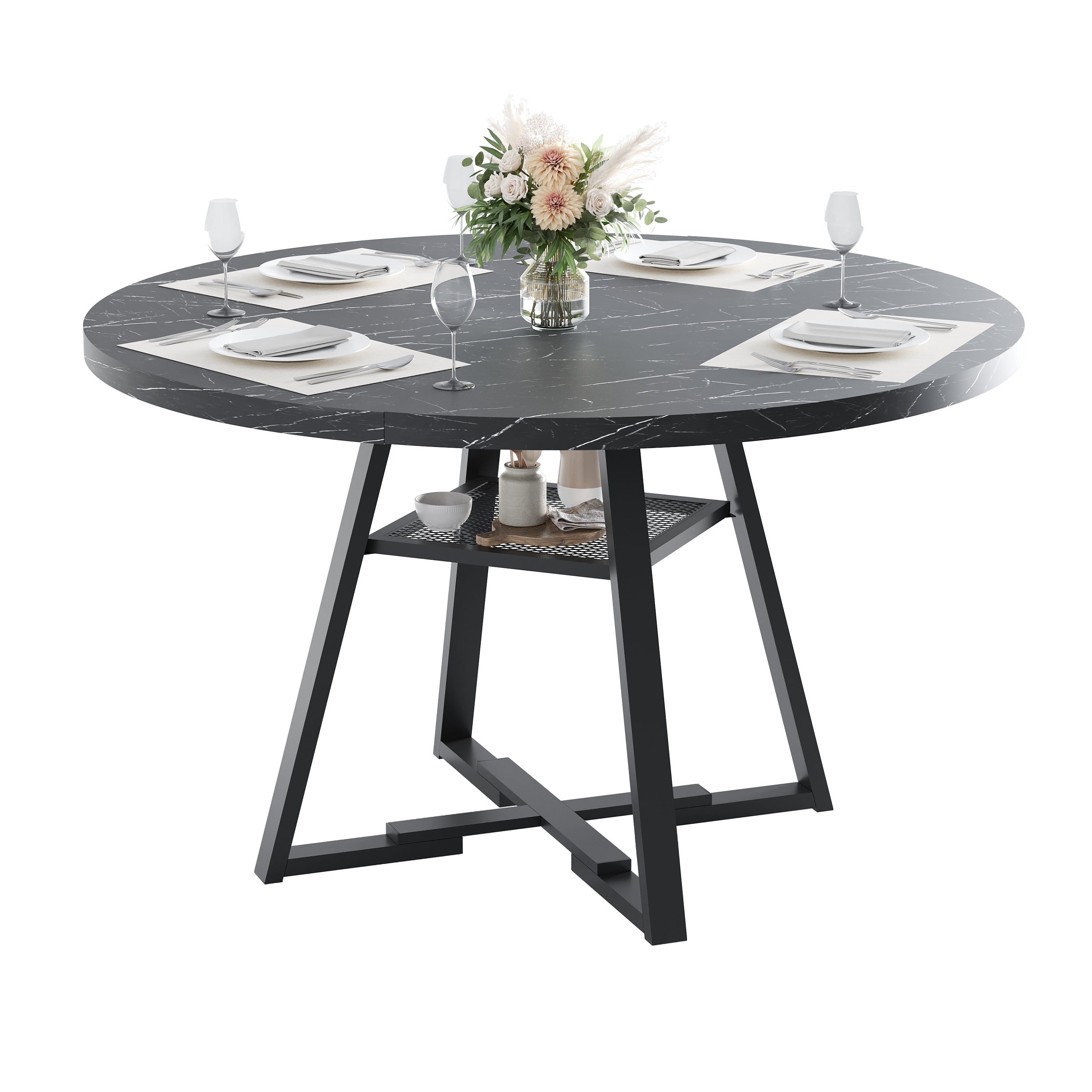 PAPROOS Round Dining Table, 43'' Faux Marble Dining Table with Storage Shelf, Circle Dining Table for Dining Room, Modern Kitchen Table for 4 People, Black(Only Table)