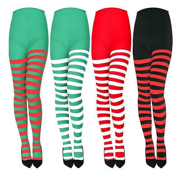 Meichang Striped Tights Women Opaque High Waist Control Top Pantyhose Stretchy Christmas Party Tights for Women Under Dress