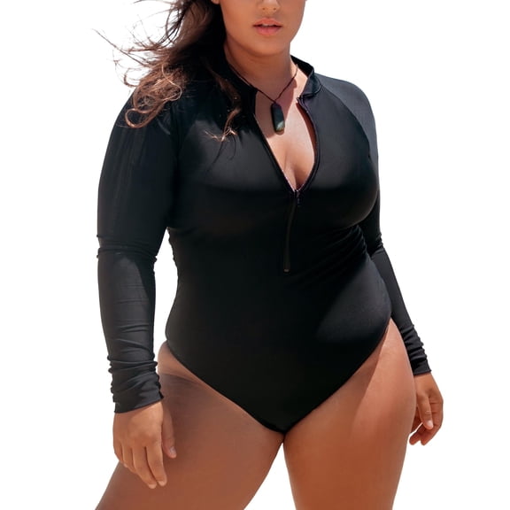 Ocean Blues Women's Plus Swimwear Long Sleeve Zipper Rash Guard Black One Piece Swimsuits for Women V Neck One Piece Bathing Suit Size L
