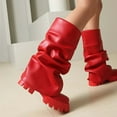 thumbnail image 3 of Slouchy Wide Mid Calf Fold Over Boots for Women 2025 Fashion Ruched Leather Platform Chunky Heel Tall Boots, 3 of 5