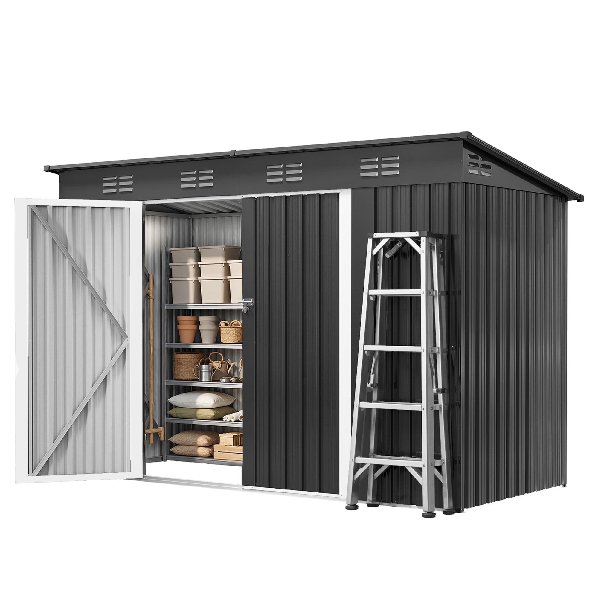 Uforic Oversized Outdoor Storage Shed with Window, Built-in Ventilation, Lockable Doors & Sloped Roof, Weather Resistant Steel Garden Tool Shed for Patio Lawn Backyard, Gray