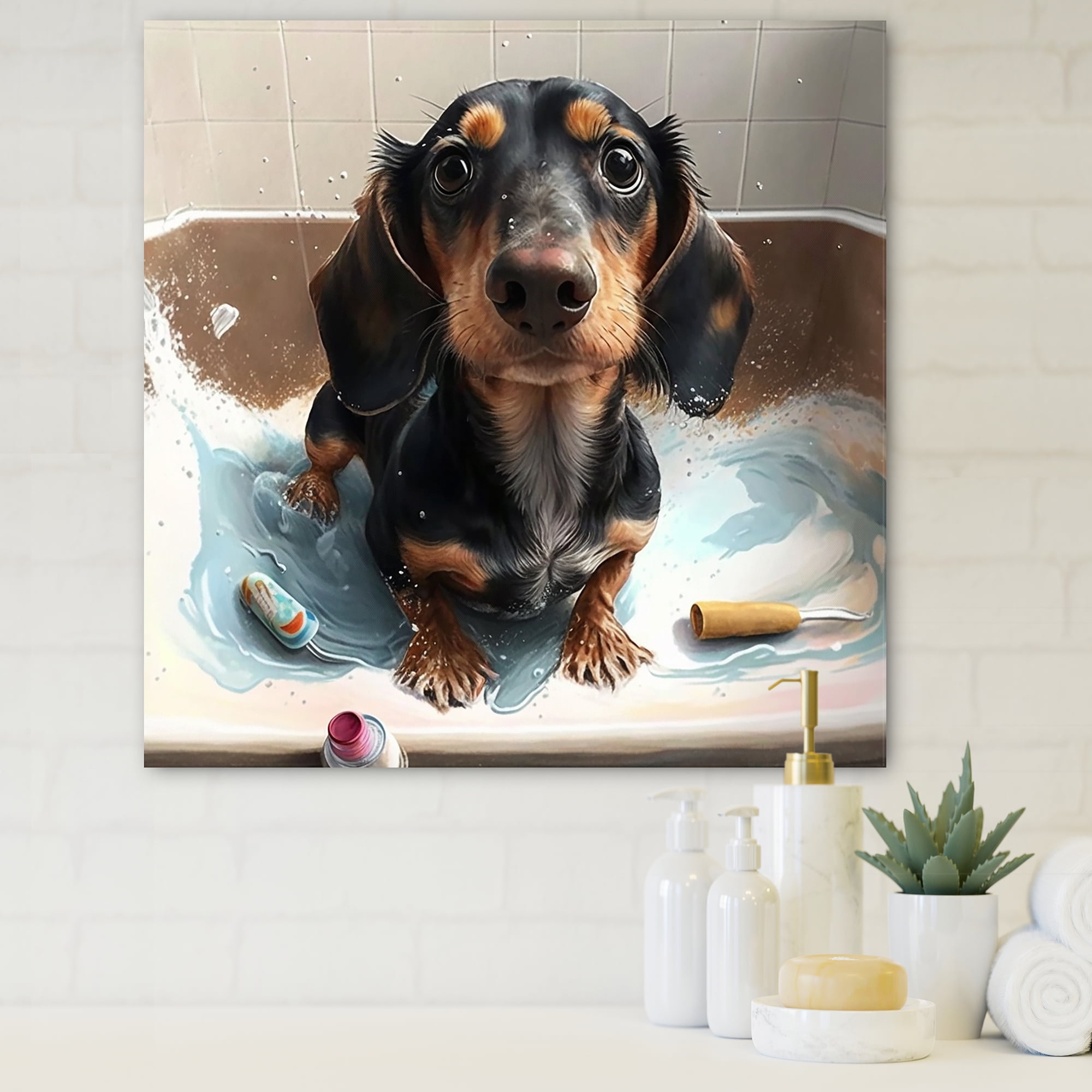 Designart Funny Black Daschund Dog Taking A Flower Bath I Canvas Wall Art