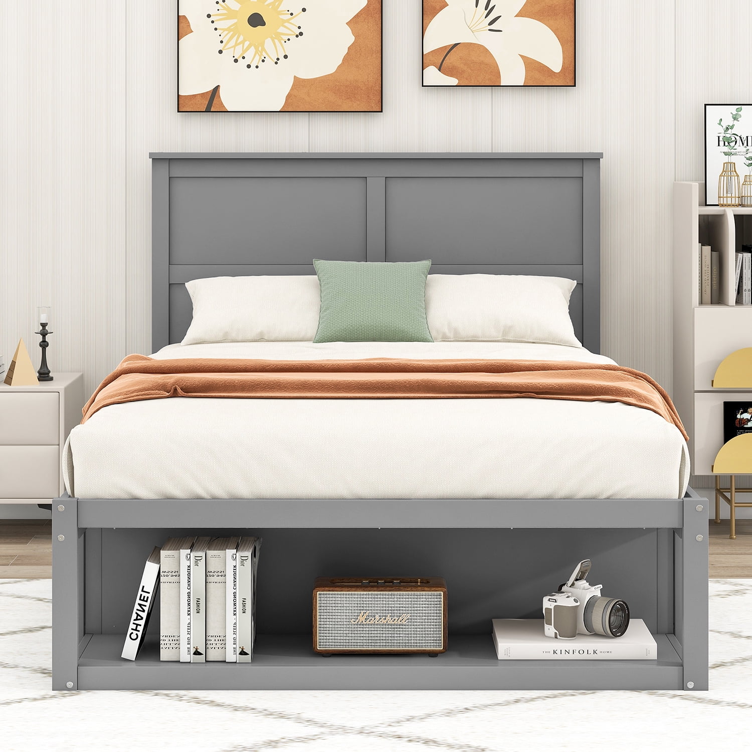 Kepooman Full Platform Bed Frame, Platform Bed Frame with Drawers and Shelf, Grey Kepooman Full Platform Bed Frame, Platform Bed Frame with Drawers and Shelf, Grey
