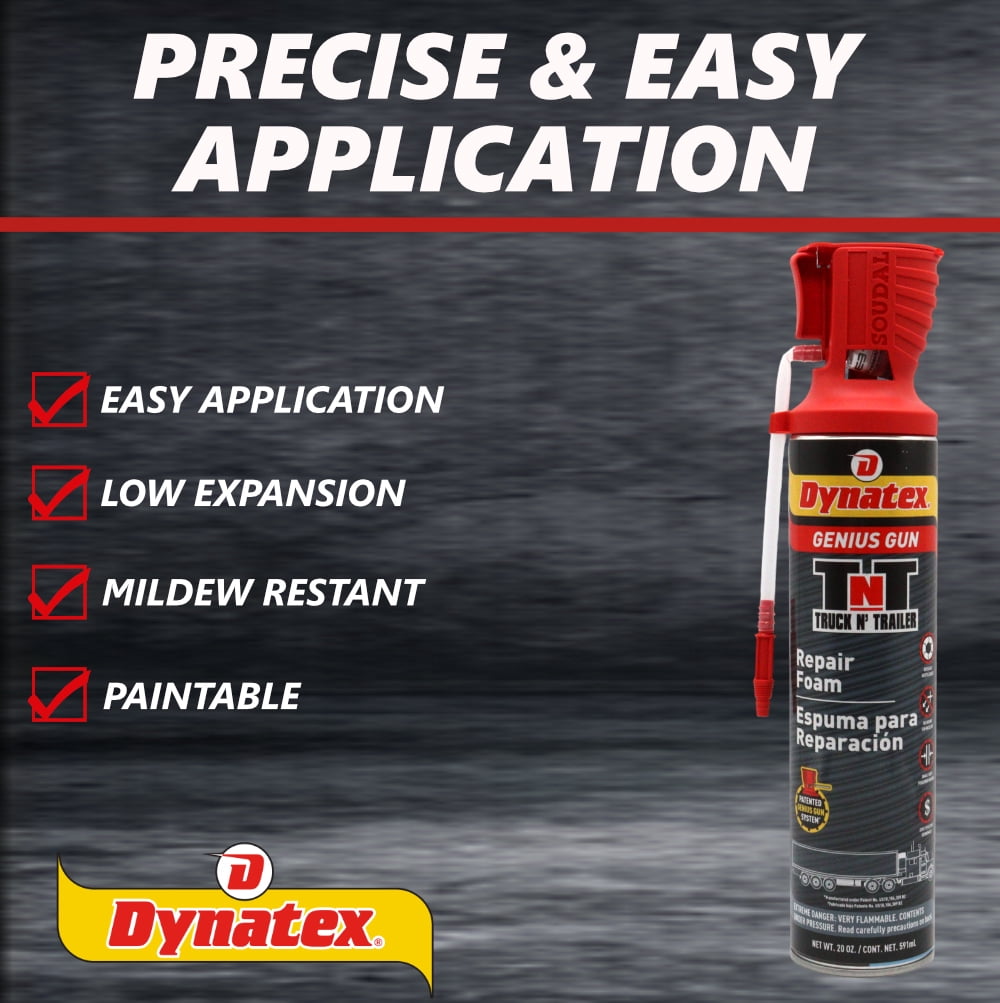Dynatex Truck N Trailer Repair Foam 20 oz Can w/ Genius Gun - Low Pressure Expansion, Sound & Thermal Insulation, Reusable Up to 6 Weeks (Single)