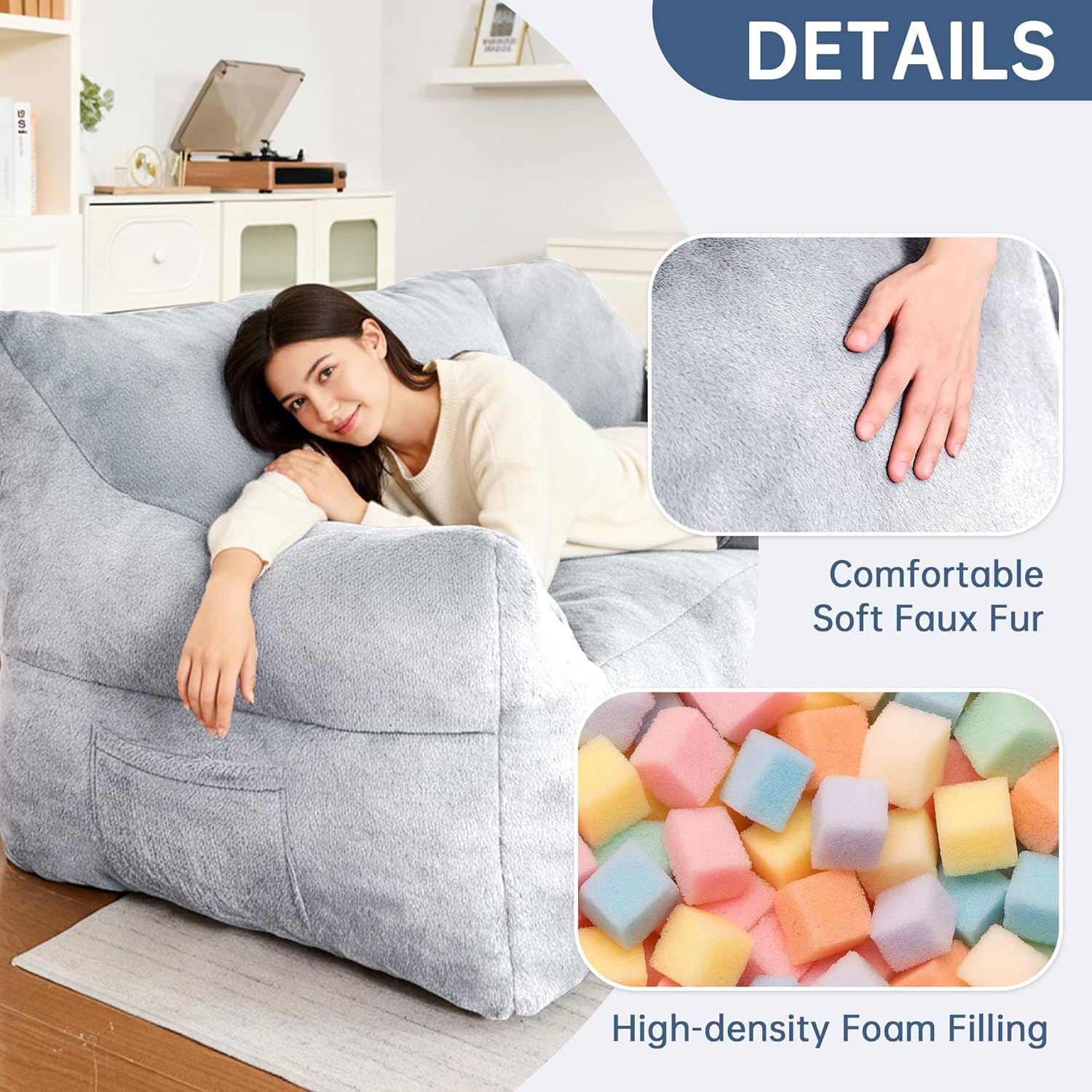 LinkRomat Faux Fur Loveseat, Oversized 2-Seater Sofa with High-Density Foam, for Living Room & Bedroom, No Assembly Required, Light Blue