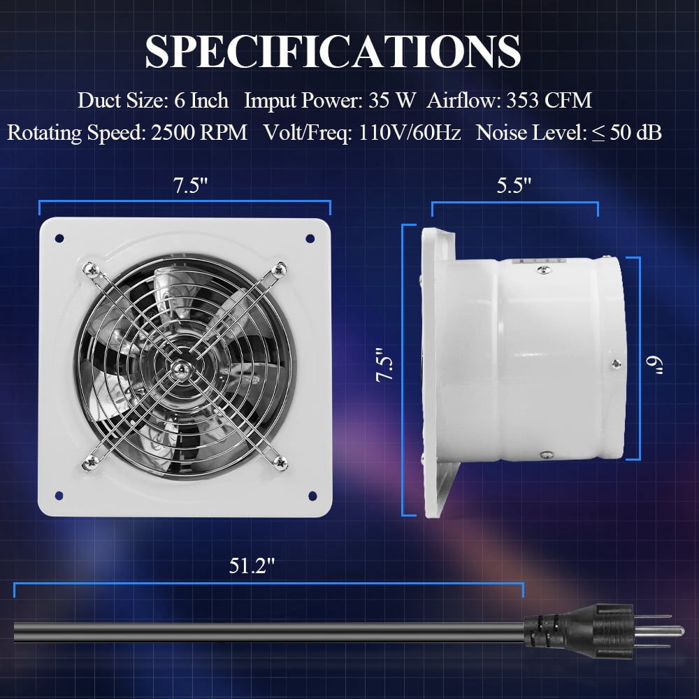 WiseWater 6'' Duct 353CFM 35W Wall Mounted Ventilator Fan 50dB, 2500 RPM - White