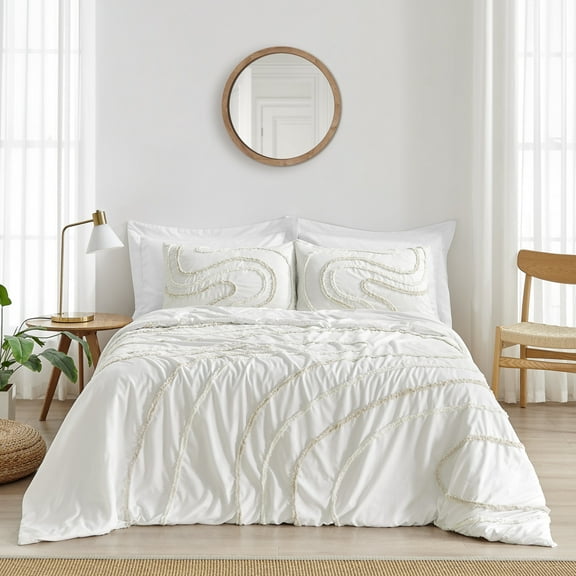 Sweet Jojo Designs Boho Tufted Swirl Ivory and Taupe Queen Duvet Cover Bedding Set 3 Piece Set