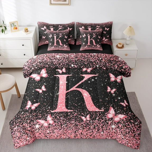 Homewish Initial K Letter Twin Bedding Sets 7-Piece, Black Pink Sequin Print Bedding Comforter Set, Romantic Butterfly Animal Reversible Sheet Sets, Luxury Bedroom Decor