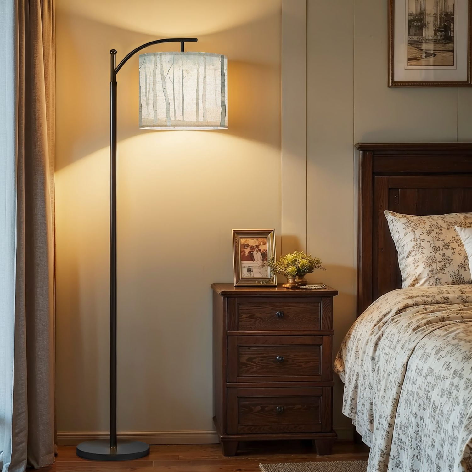 Arc Floor Lamp, 3 Color Temperatures Modern Floor Lamps Mysterious Birch Tree Taupe Adjustable Tall Standing Reading Lamp with Linen Texture Shade for Living Room, Bedroom, Office