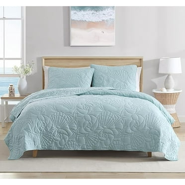 Queen Outlined Shell 3-Piece Quilt Set, Coastal Beach Design Bedding, Aqua