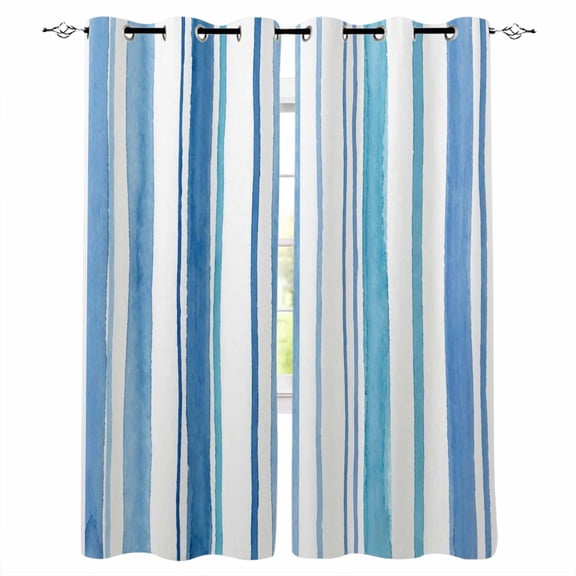Blue Teal Striped Blackout Curtains for Bedroom/Living Room, Thermal Insulated Kitchen Curtains, Farmhouse Stripes Modern Art Grommet Darkening Window Treatment Drapes 27.5"x39"x2