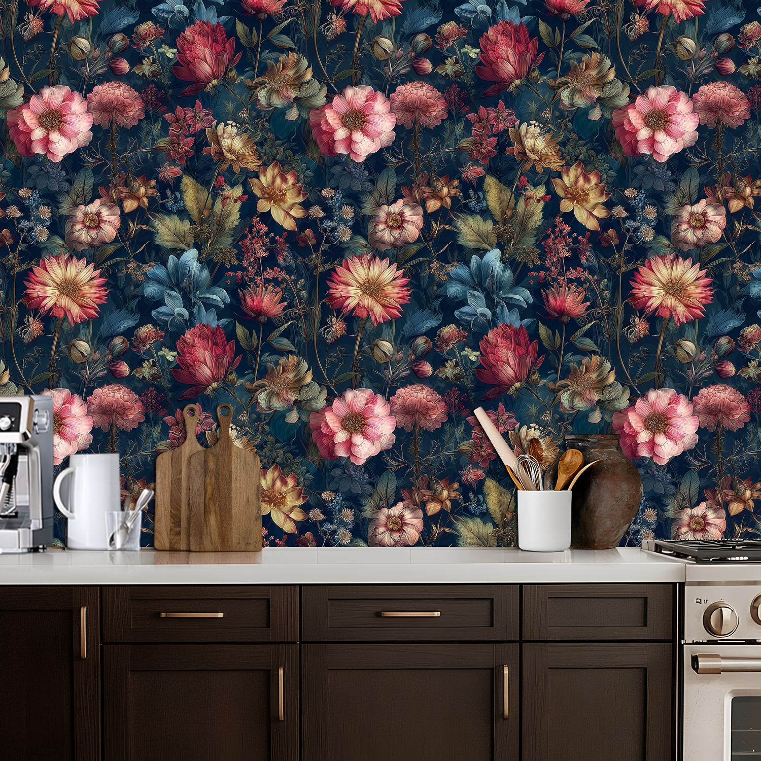 Peel and Stick Wallpaper 17.7in x 9.8ft Floral Botanical Vibrant Pink Red Yellow Blooms Dark Blue Contact Paper Vinyl Self-Adhesive Removable Wall Paper for Bedroom DIY Home Decor Renter Friendly
