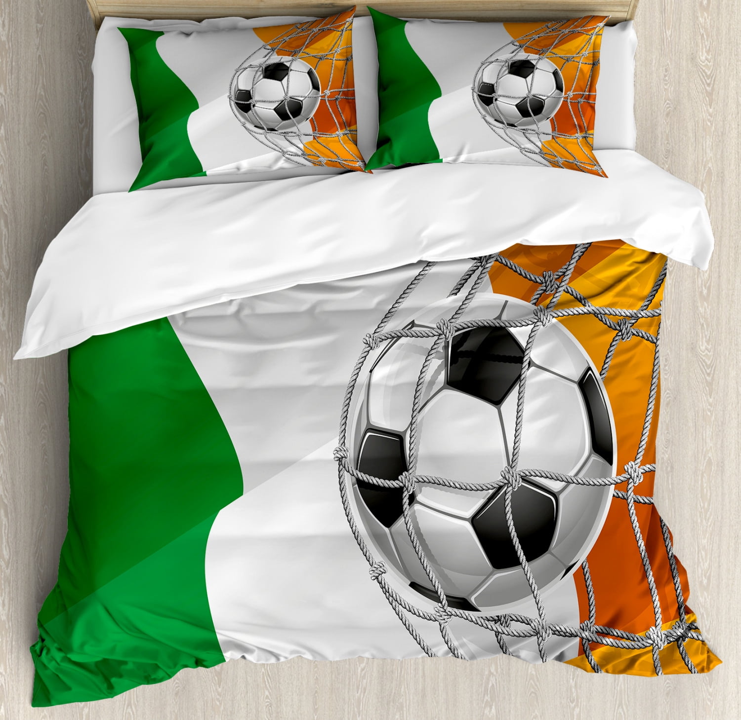 Irish Duvet Cover Set Queen Size, Sports Theme Soccer Ball in a Net