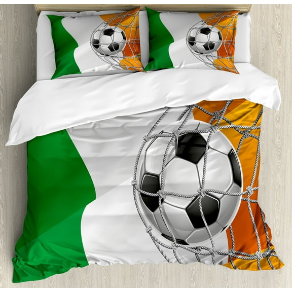 Irish Duvet Cover Set Queen Size, Sports Theme Soccer Ball in a Net Game Goal with Ireland National Flag Victory Win, Decorative 3 Piece Bedding Set with 2 Pillow Shams, Multicolor, by Ambesonne