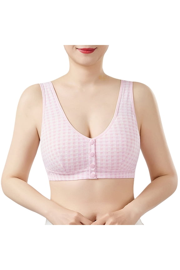 Women Cotton Front Button Bra, Snap Comfort Sleep Bra Easy Close Bras Wireless Seamless T-Shirt Bra Nature Cotton Soft Cup Wireless Front Snap Close Bras, Pink