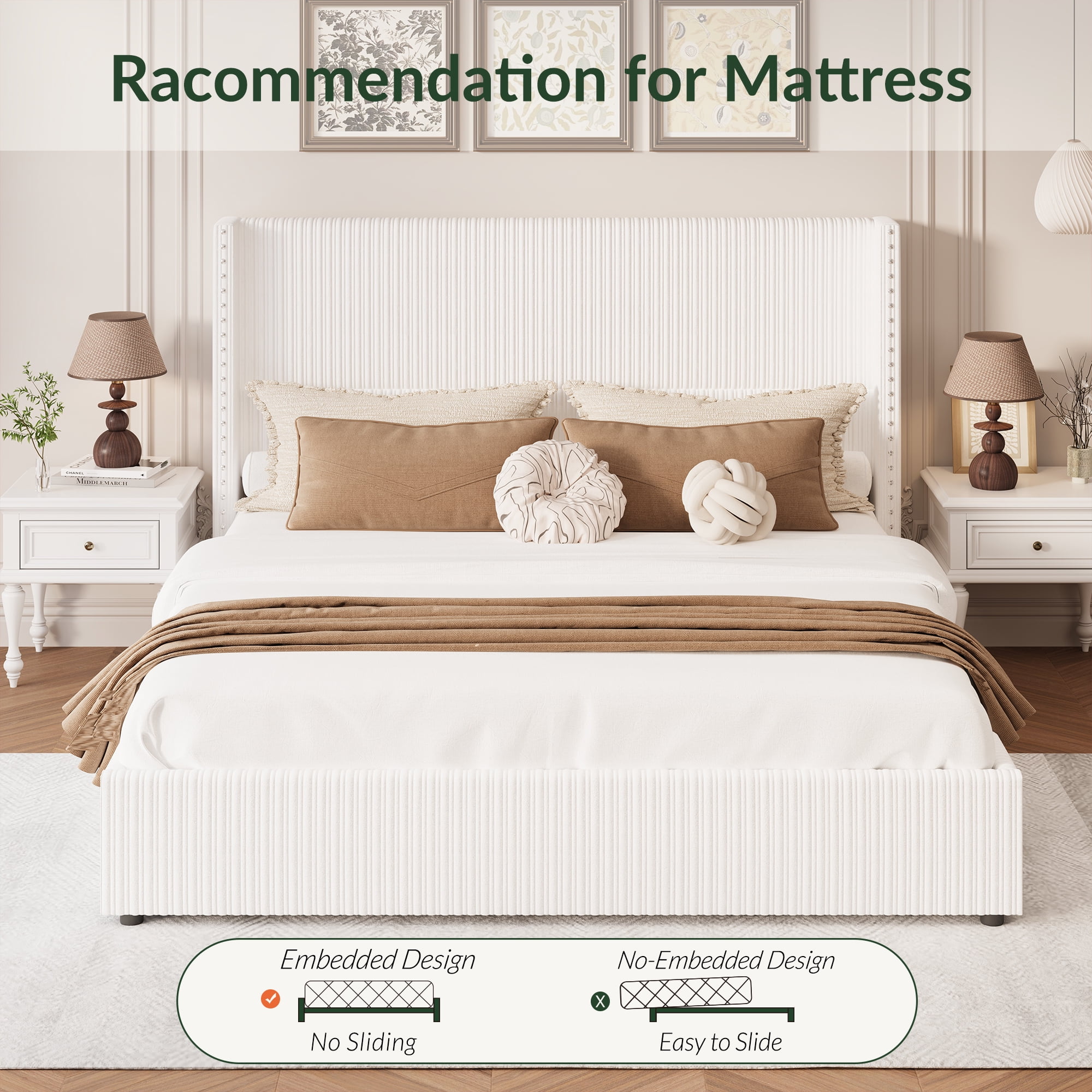 Larmace Upholstered Corduroy Bed Frame King Size with 4 Storage Drawers,Platform Bed Frame with Vertical Stripe Wingback Headboard,Beige