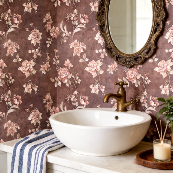 AbaBoorty Brown Floral Watercolor Wallpaper, 17.7"x118" Vintage Rose Peel and Stick Removable Wallpaper, Dusty Rose Botanical Wall Mural for Bedroom Living Room