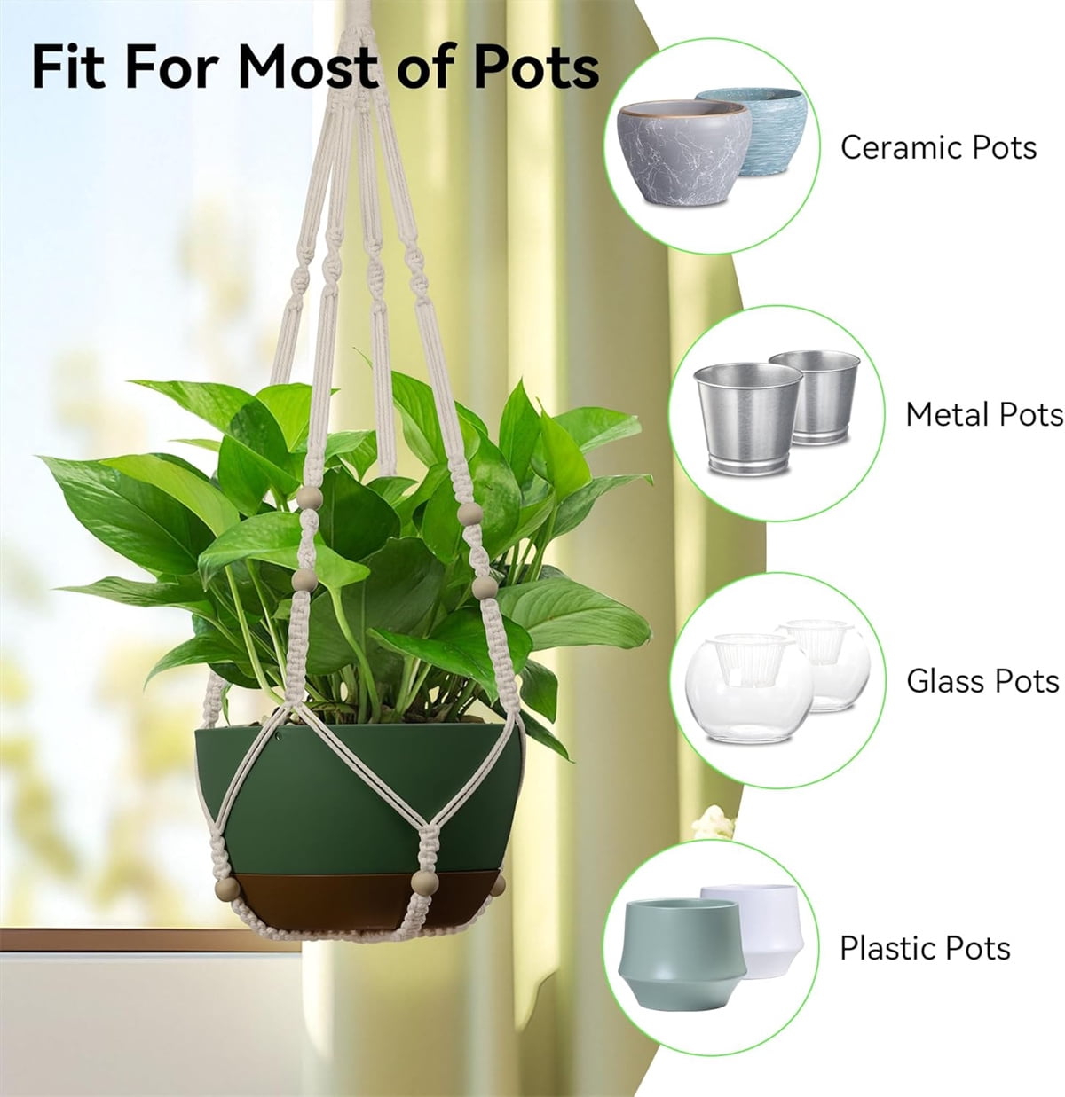 Yahome 3 Pcs Macrame Plant Hanger Indoor Outdoor Hanging Planter for Plants 35 Inch Holder Flower Pot Holder with Decorative Wood Beads & No Tassels, Ivory (Pots Not Included)