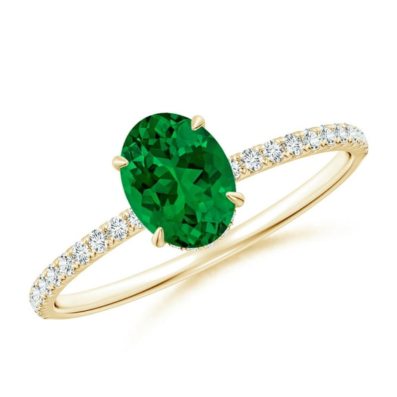 ANGARA Lab Grown Oval Emerald Hidden Halo Classic Engagement Ring for Women in 14K Yellow Gold (Size-7x5mm) | May Birthstone, Birthday, Anniversary, Jewelry Gift for Women | Lab-Grown Emerald Ring