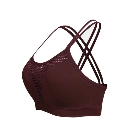 Xfvqtps Large Size Sports Bras for Women Breathable Front Mesh Hollow Cross Back Spaghetti Strap Elastic Pullover Comfortable Running Yoga Bra Brown