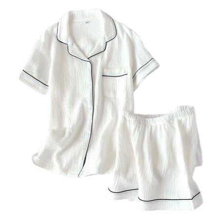Lounge Sets Pants for Women Ladies Pure Cotton Yarn Dyed Pajamas With Short Sleeves And Cardigan Home Dress Set All Cotton Womens Pajama Sets Soft Sleepwear