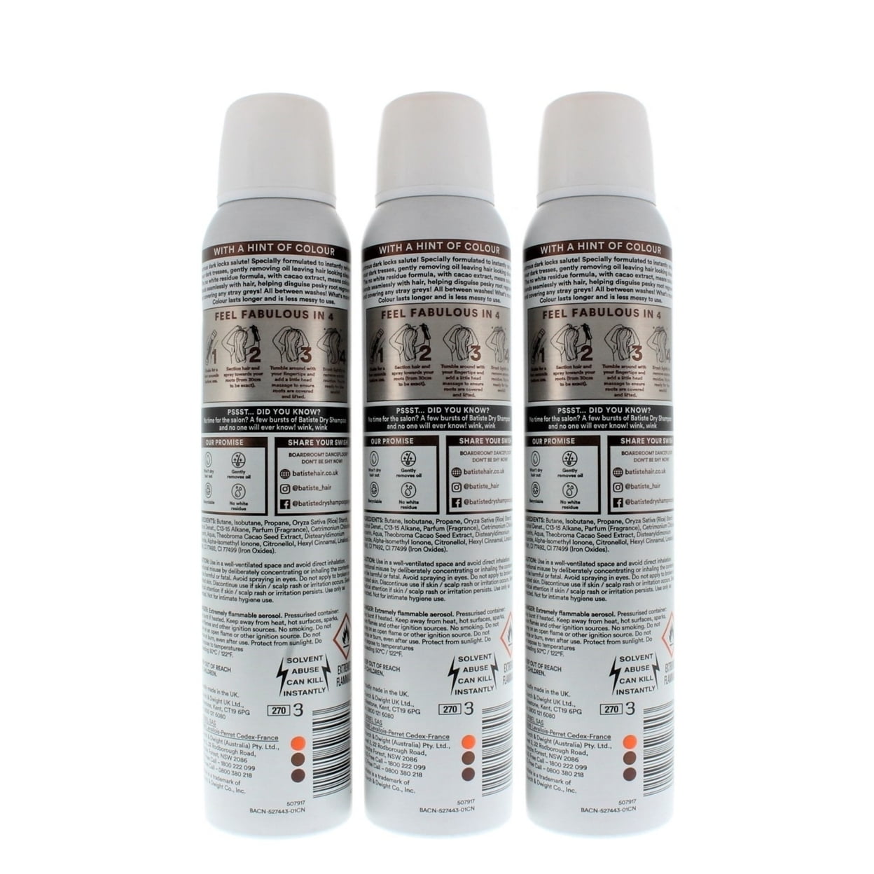 Batiste Dry Shampoo Instant Hair Refresh Dark Hair 200ml 3 Pack Color Formula