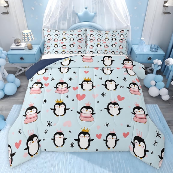Castle Fairy Cute Penguin Full Size Comforter Sets for Teens,Cartoon Animal Bedding Sets