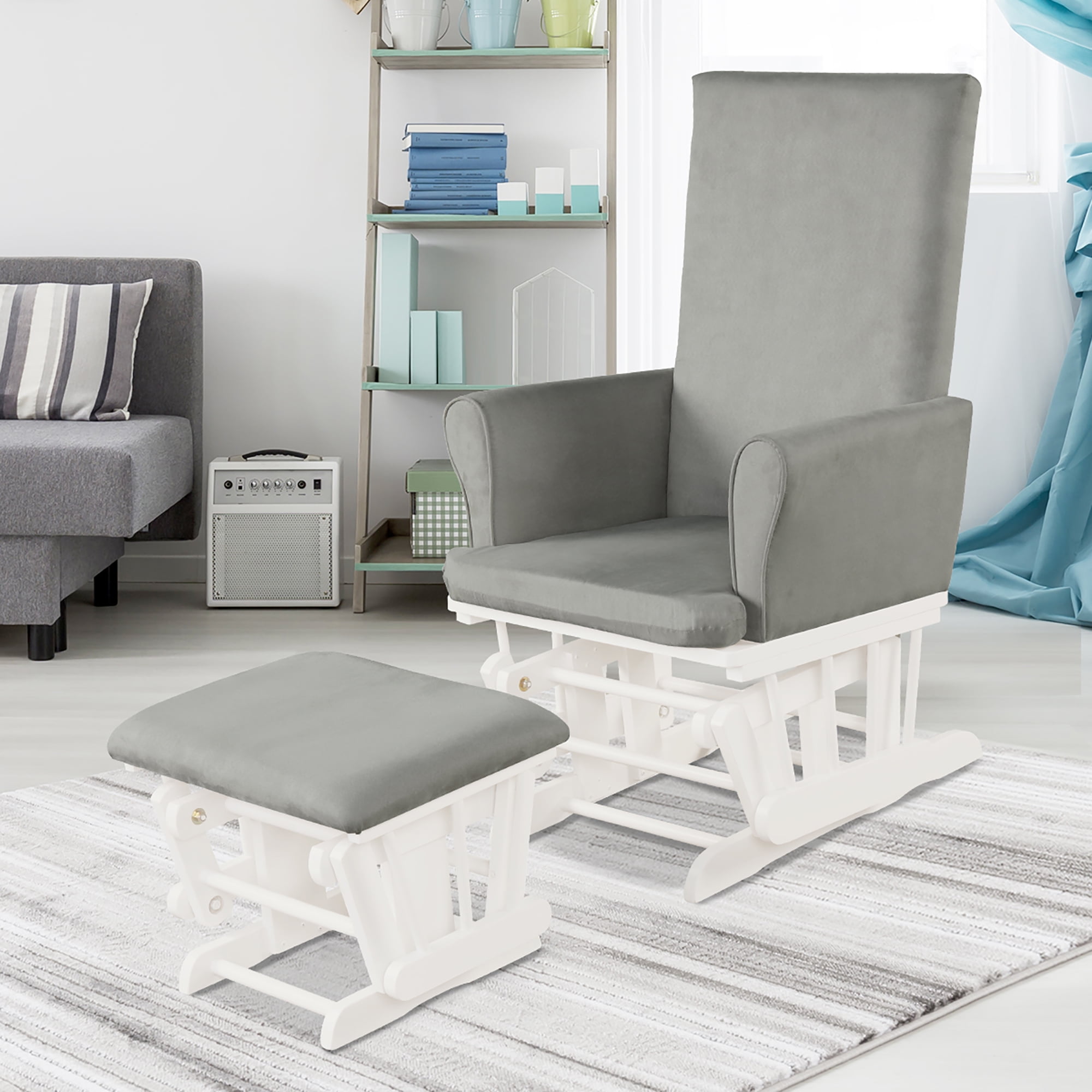 Costway Baby Nursery Relax Rocker Rocking Chair Glider & Ottoman Set w/Cushion 3-6 Years Grey