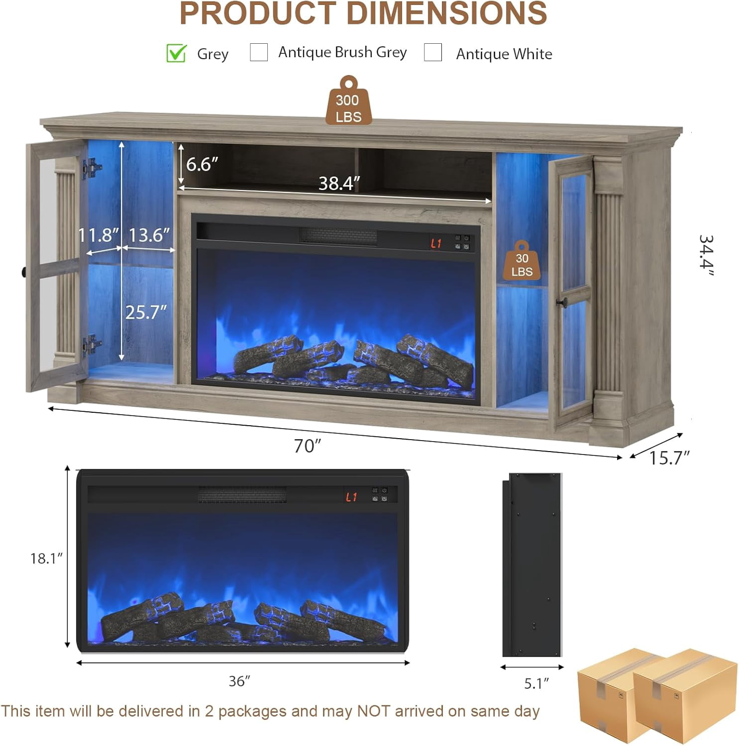 Vecenuy Farmhouse Fireplace TV Stand for 80" TVs, 70" Highboy Entertainment Center w/ 36" Electric Fireplace & LED Lights, Media Console w/ Adjustable Shelves for Living Room Gray