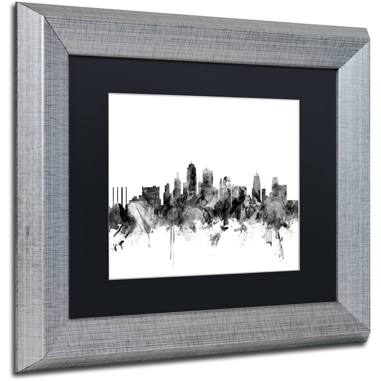 Trademark Fine Art "Kansas City Skyline B&W" Canvas Art by Michael Tompsett, Black Matte, Silver Frame